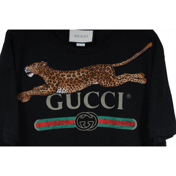 Gucci Mens Embroidered Leopard Logo T Shirt Medium Black Cotton Short Sleeve - Picture 3 of 11